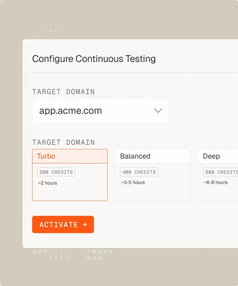 Configure Continuous Testing form showing target domain, scan depth options, and activate button